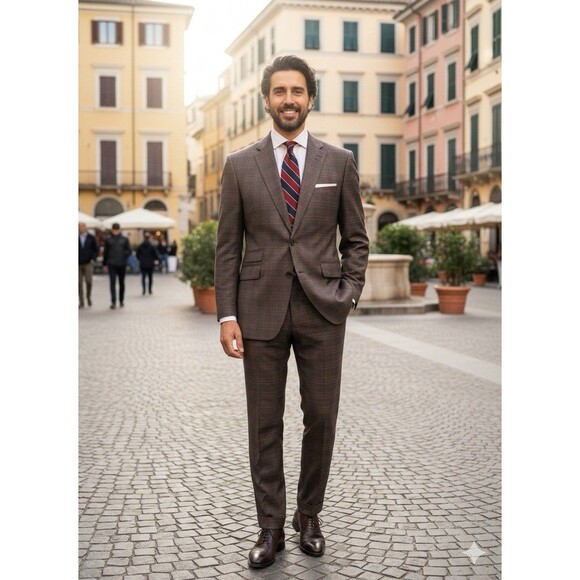 STATEMENT Italy Men Brown Plaid Check Suit Super 150 Handmade Wool 50R 44x26 EUC
